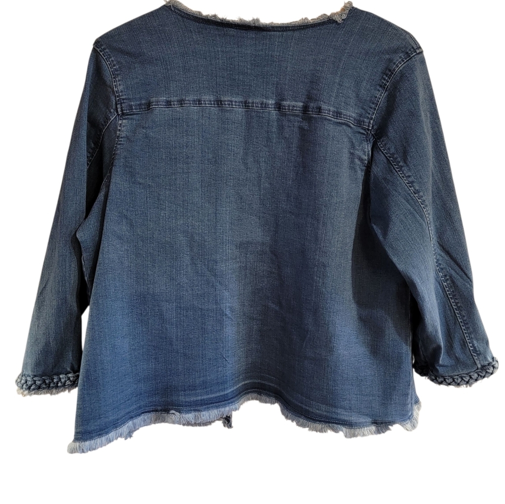 Belle by Kim Gravel‎ Braided Open Front Jean Jacket Medium Frayed Edges - Picture 2 of 9